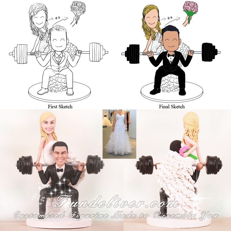 Groom Doing Squat Bride Sitting on Barbell Cake Toppers